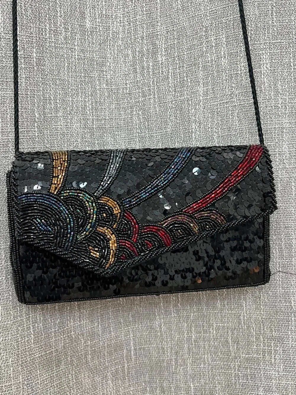 Black Sequin Beaded Evening Clutch with Multicolor Wave Accent